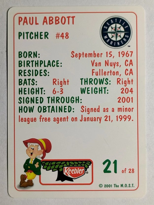 2001 Mariners Keebler #21 Paul Abbott
