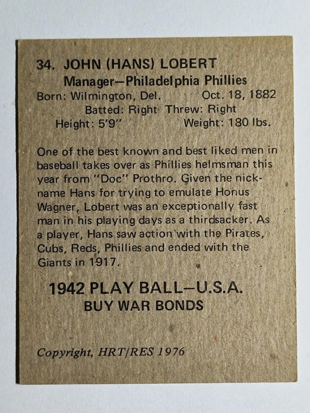 1976 EPSCC 1942 Play Ball #34 Hans Lobert CO (NM)