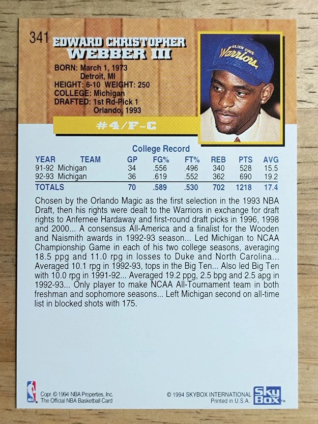 1993-94 Hoops #341 Chris Webber RC