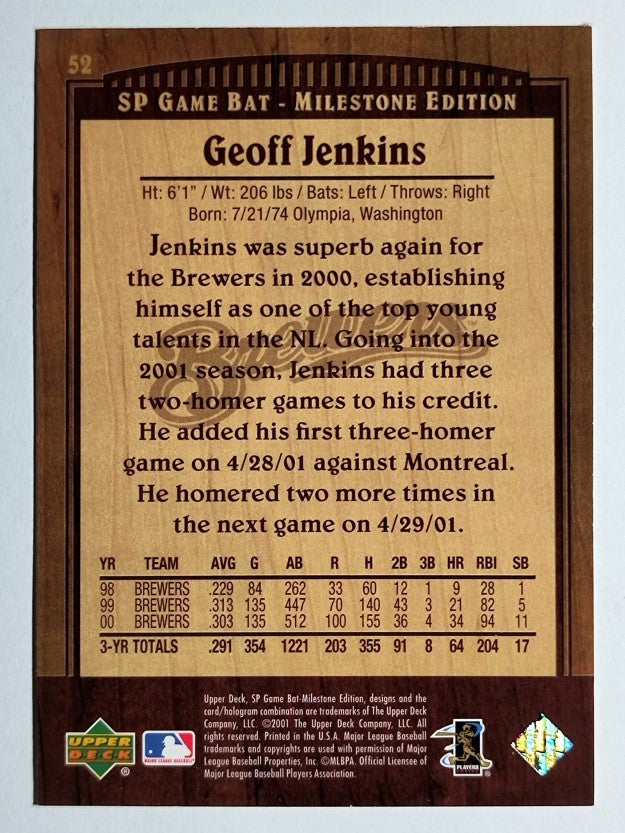 2001 SP Game Bat Milestone #52 Geoff Jenkins