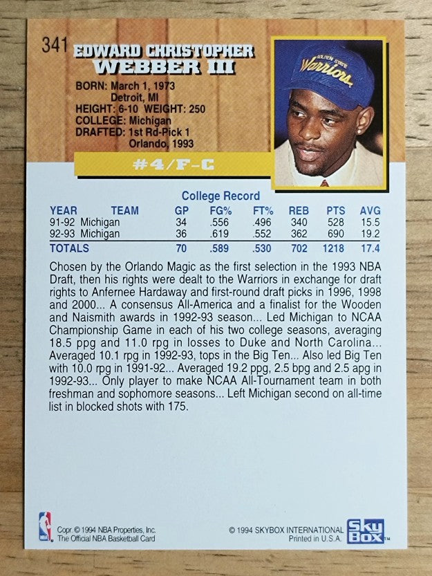 1993-94 Hoops #341 Chris Webber RC