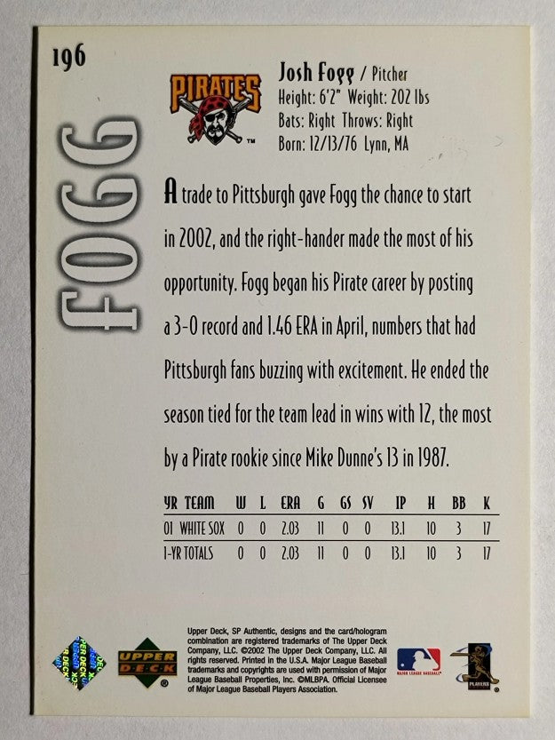 2002 SP Authentic #196 Josh Fogg