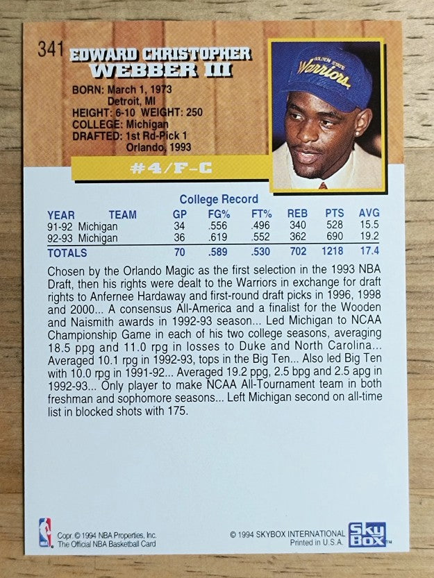 1993-94 Hoops #341 Chris Webber RC