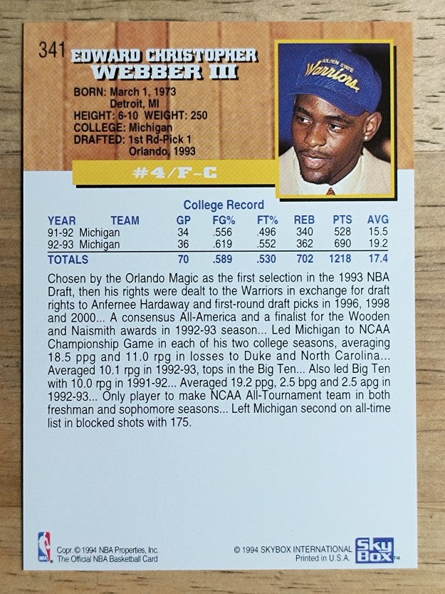 1993-94 Hoops #341 Chris Webber RC