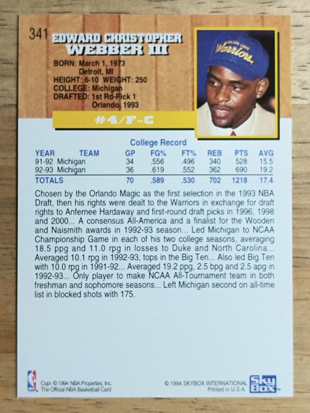 1993-94 Hoops #341 Chris Webber RC