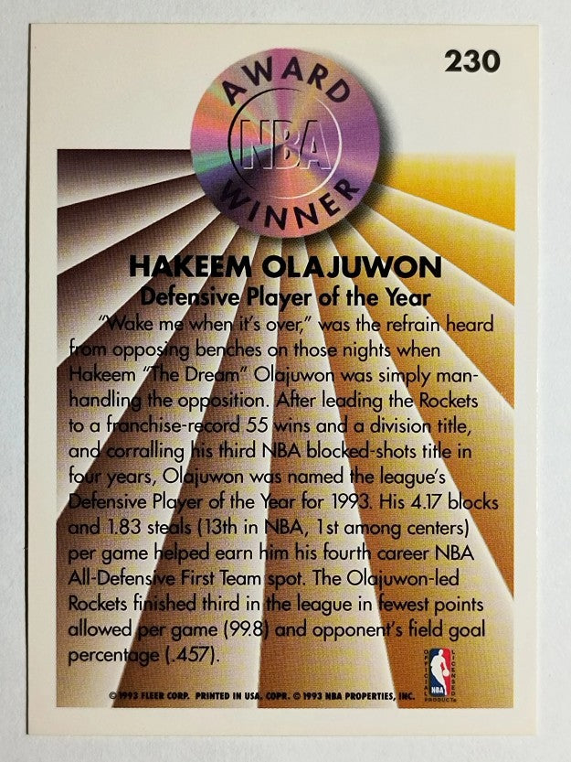 1993-94 Fleer #230 Hakeem Olajuwon AW