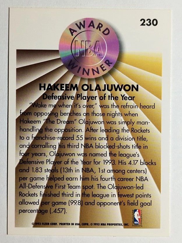 1993-94 Fleer #230 Hakeem Olajuwon AW