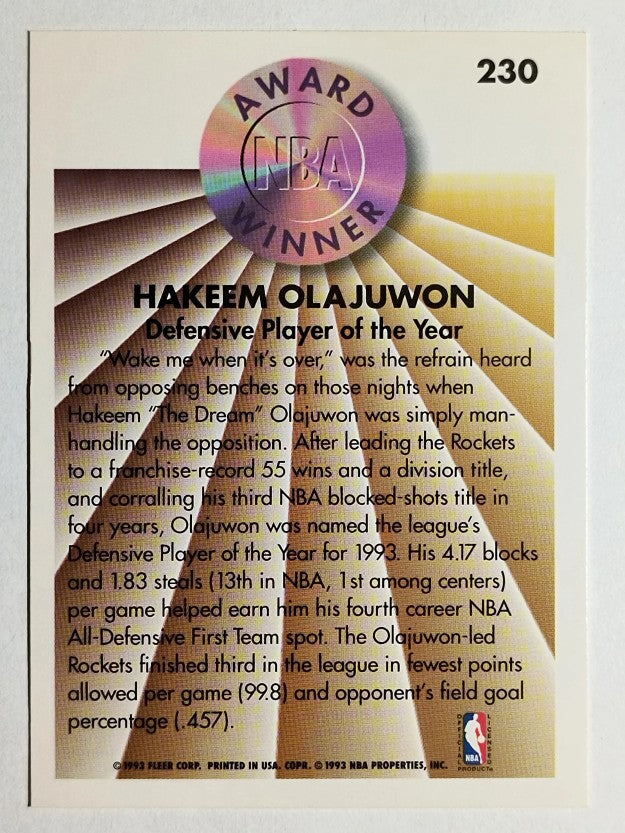 1993-94 Fleer #230 Hakeem Olajuwon AW