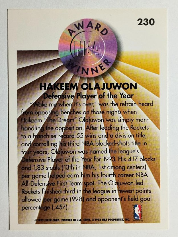 1993-94 Fleer #230 Hakeem Olajuwon AW