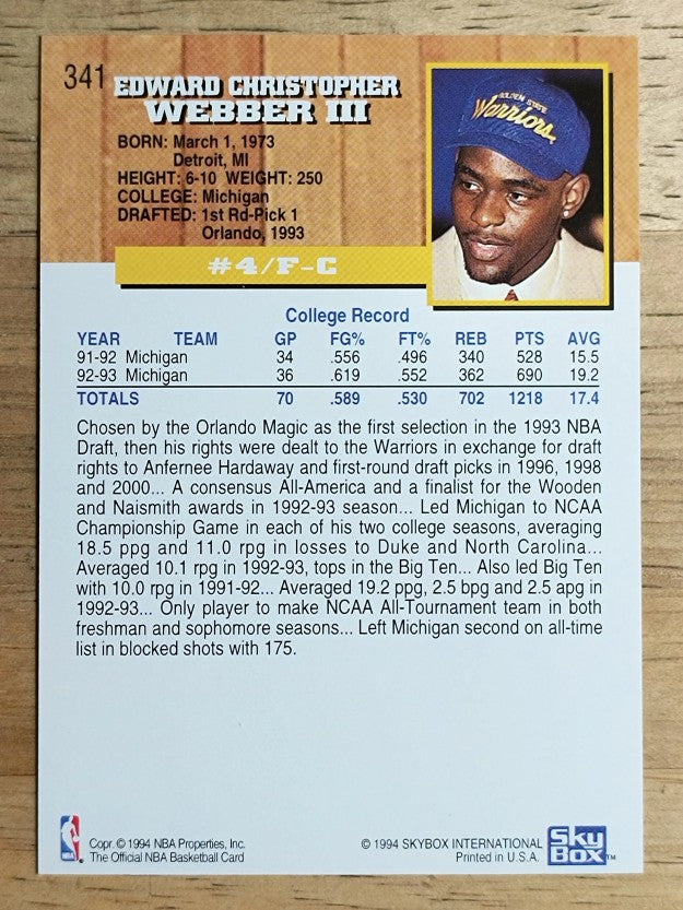 1993-94 Hoops #341 Chris Webber RC