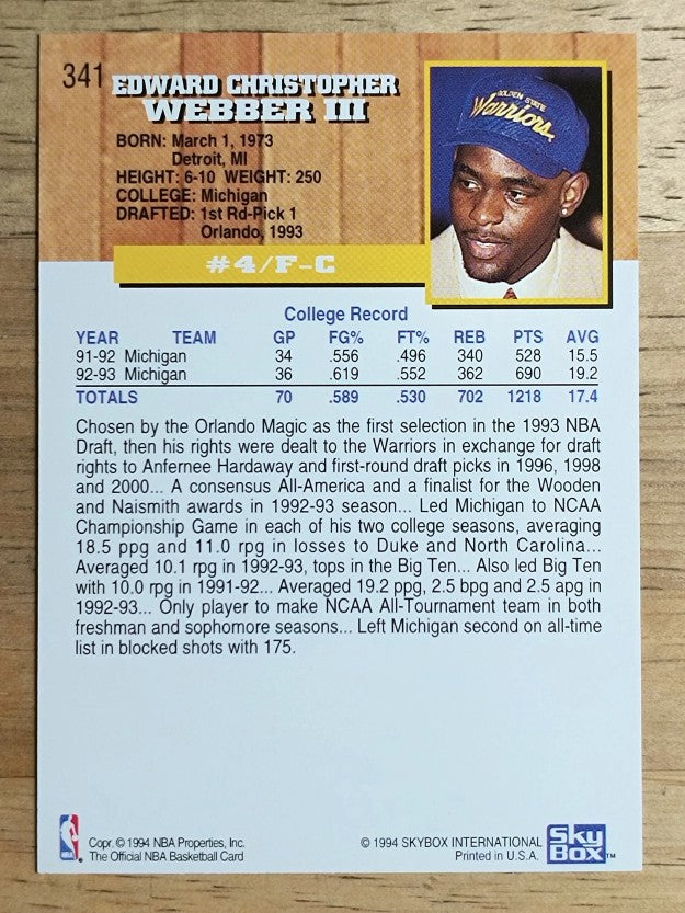 1993-94 Hoops #341 Chris Webber RC