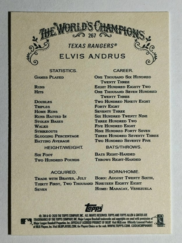 2020 Topps Allen and Ginter #267 Elvis Andrus