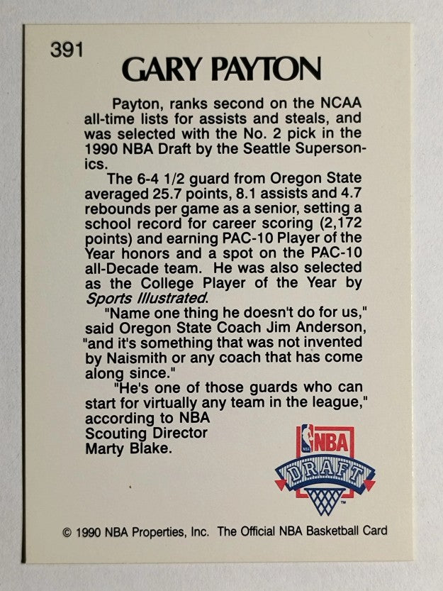 1990-91 Hoops #391 Gary Payton LS RC (EXMT)
