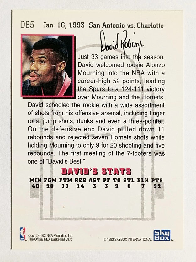 1993-94 Hoops David's Best #DB5 David Robinson/Vs. Hornets