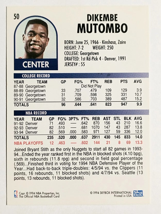 1994-95 Hoops #50 Dikembe Mutombo