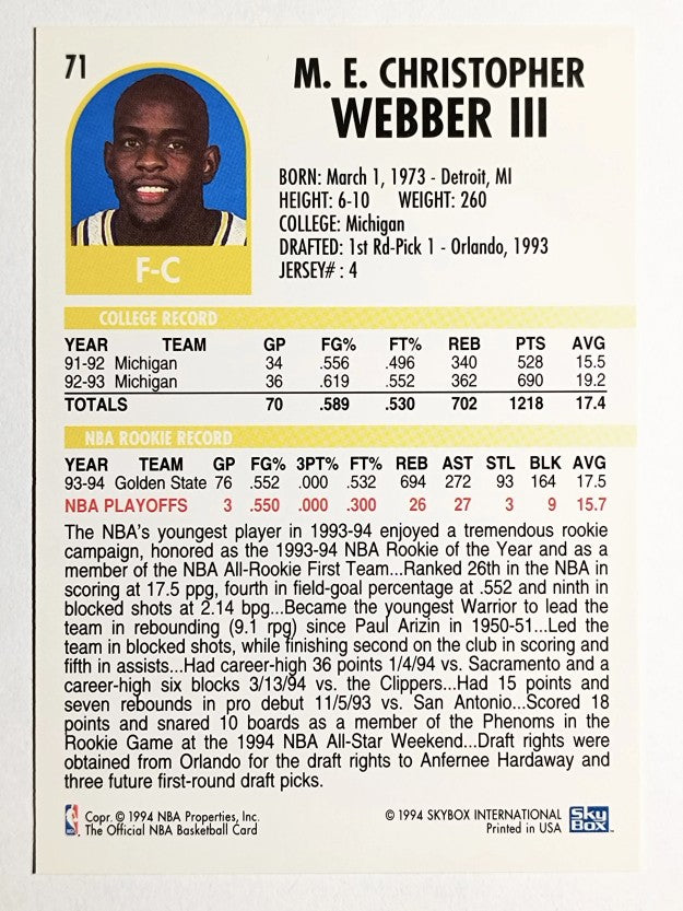 1994-95 Hoops #71 Chris Webber
