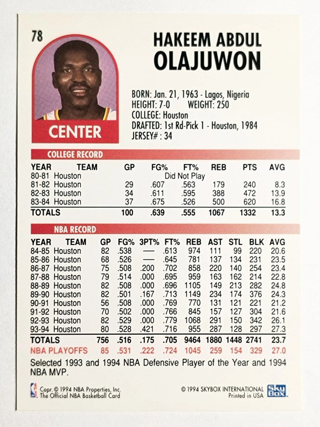 1994-95 Hoops #78 Hakeem Olajuwon