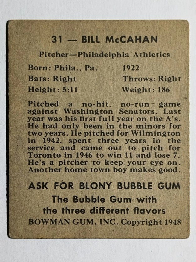 1948 Bowman #31 Bill McCahan RC (VG)