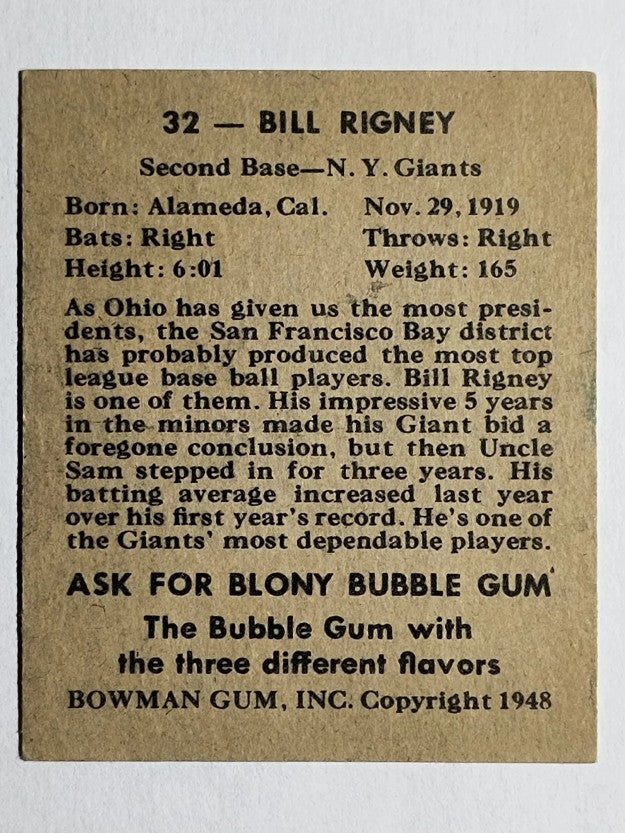 1948 Bowman #32 Bill Rigney RC (VGEX)
