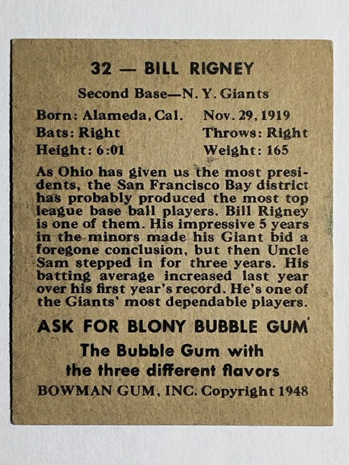 1948 Bowman #32 Bill Rigney RC (VGEX)