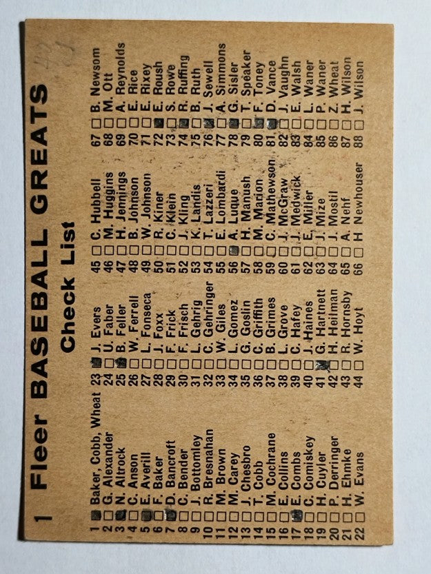 1961 Fleer #1 Frank Baker CL/Ty Cobb/Zack Wheat (VG)