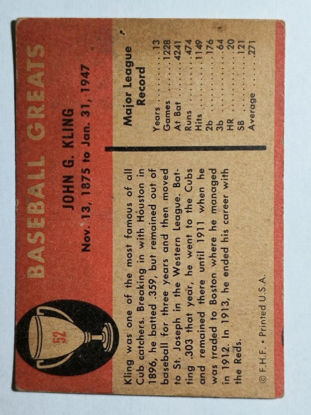 1961 Fleer #52 Johnny Kling (VGEX)