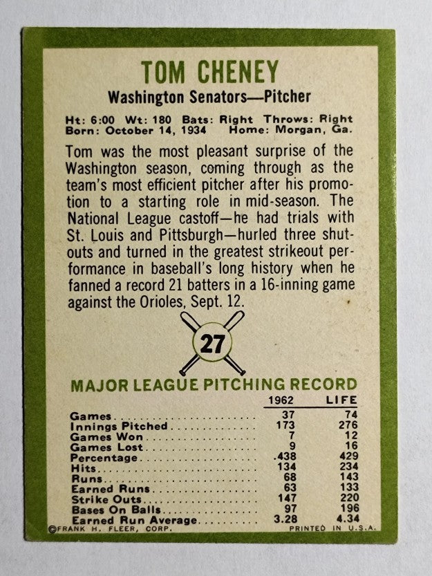 1963 Fleer #27 Tom Cheney (VG)