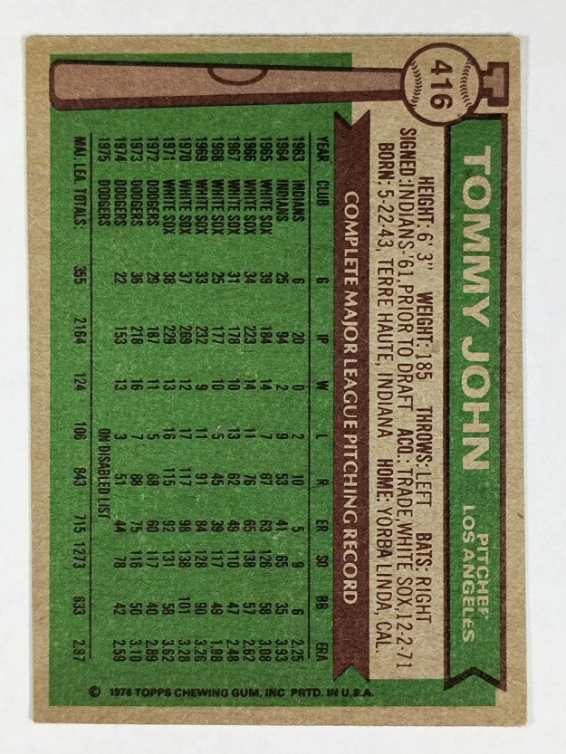 1976 Topps #416 Tommy John (VGEX)