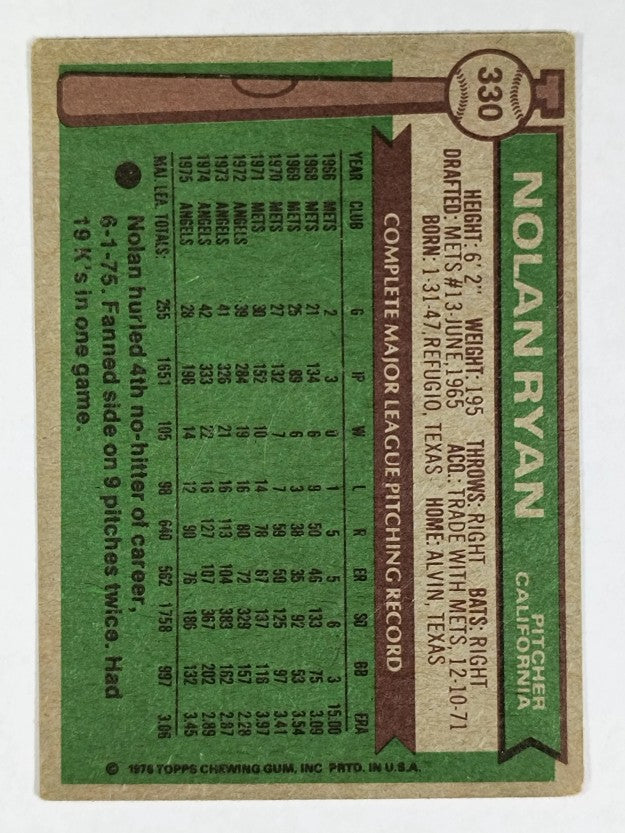 1976 Topps #330 Nolan Ryan (VGEX)
