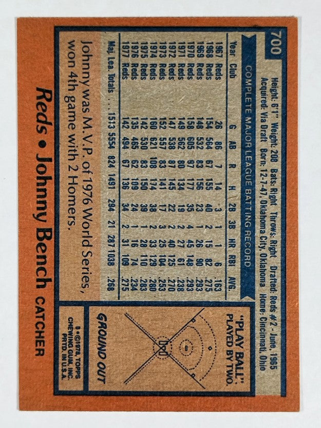 1978 Topps #700 Johnny Bench (EXMT)