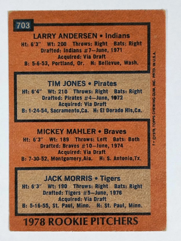 1978 Topps #703 Larry Andersen/Tim Jones/Mickey Mahler/Jack Morris RC DP (VGEX)
