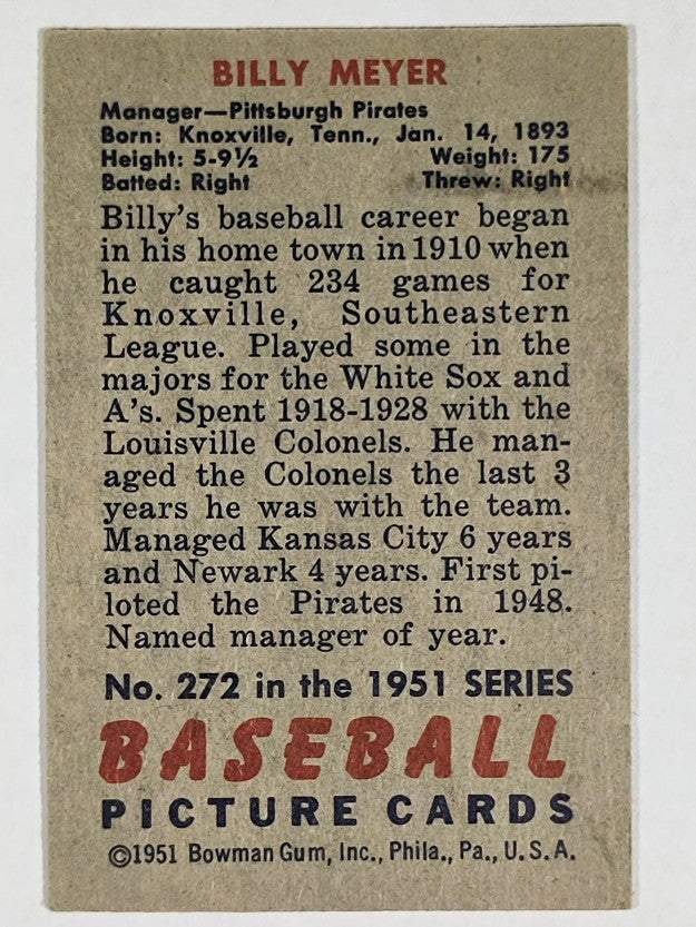 1951 Bowman #272 Billy Meyer MG RC (EXMT)