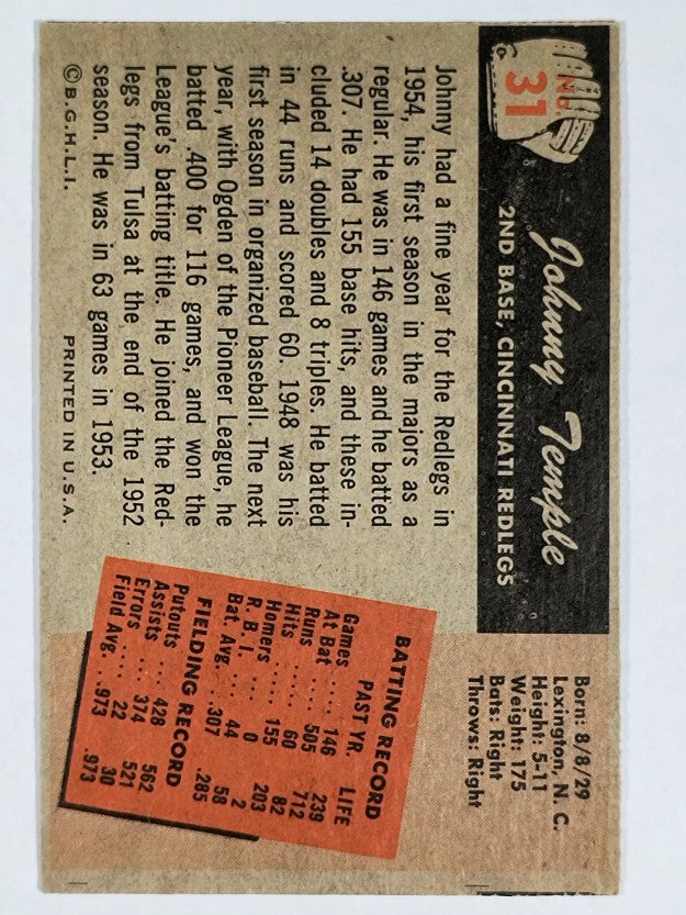 1955 Bowman #31 Johnny Temple RC (EXMT)