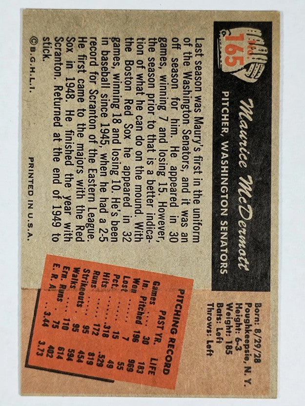 1955 Bowman #165 Maurice McDermott (EXMT)