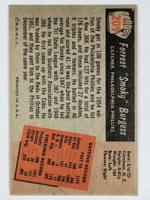 1955 Bowman #209 Smoky Burgess (EXMT)