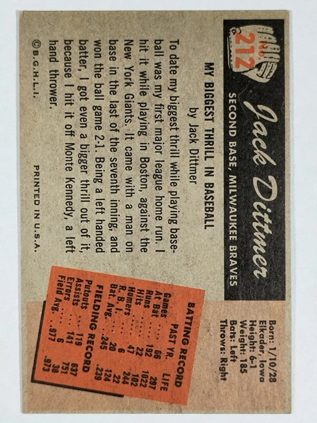 1955 Bowman #212 Jack Dittmer (EXMT)