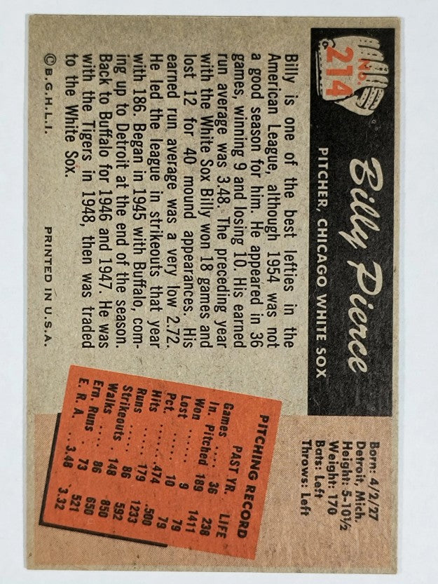 1955 Bowman #214 Billy Pierce (EX)