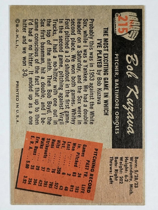 1955 Bowman #215 Bob Kuzava (EX)