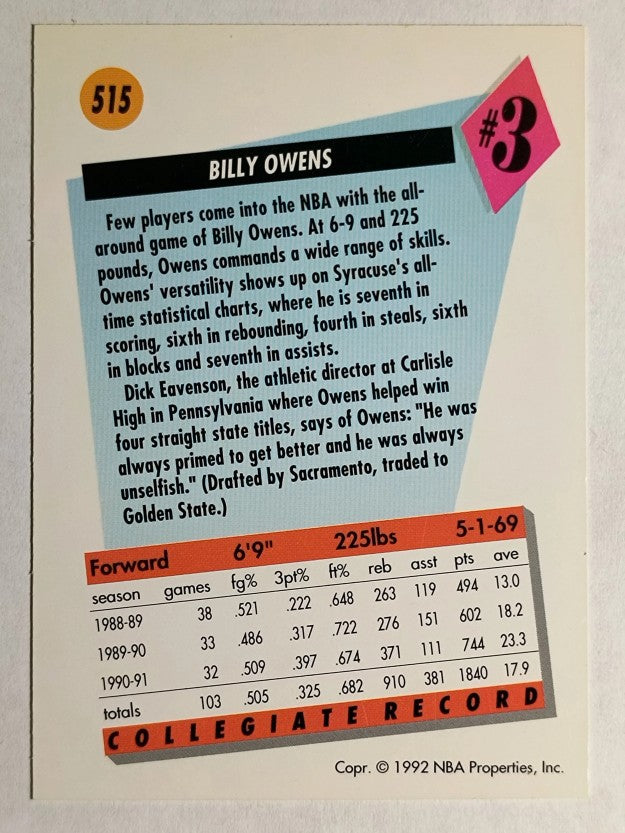 1991-92 SkyBox #515 Billy Owens RC