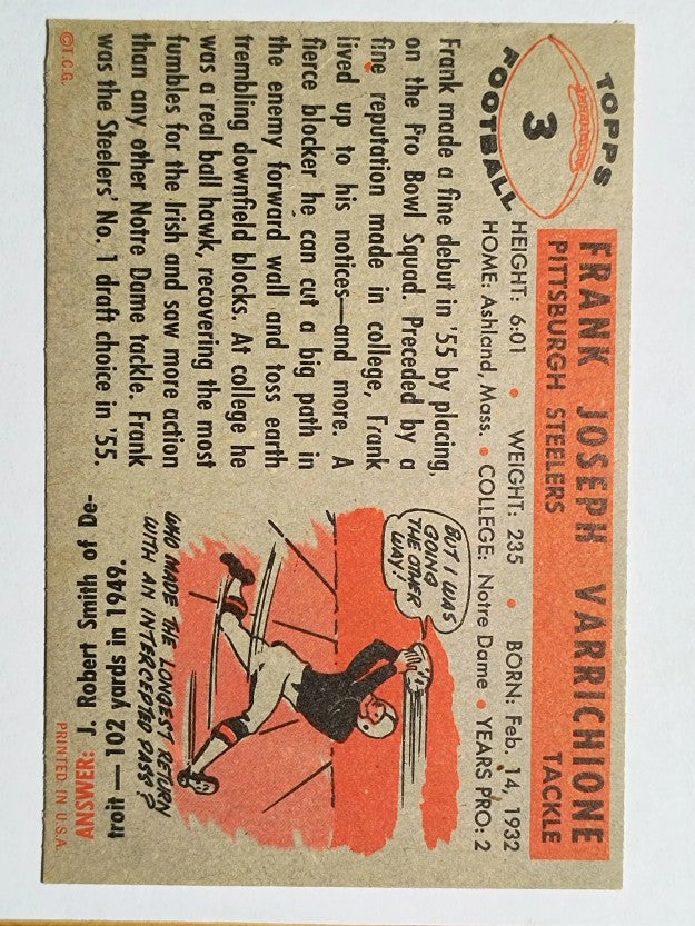 1956 Topps #3 Frank Varrichione (TRIMMED)