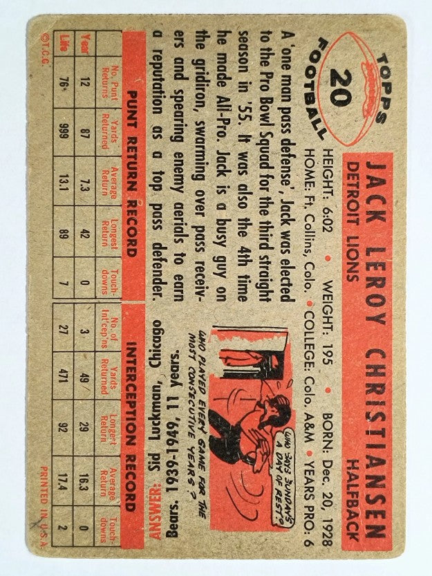 1956 Topps #20 Jack Christiansen (VG)