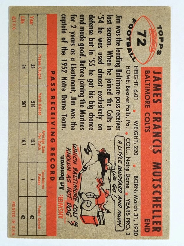 1956 Topps #72 Jim Mutscheller RC (EX)