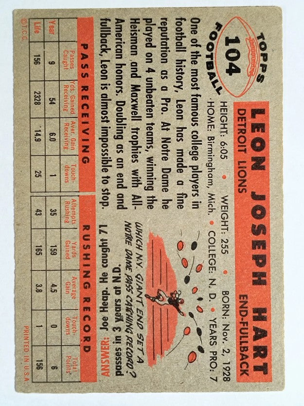 1956 Topps #104 Leon Hart (VGEX)