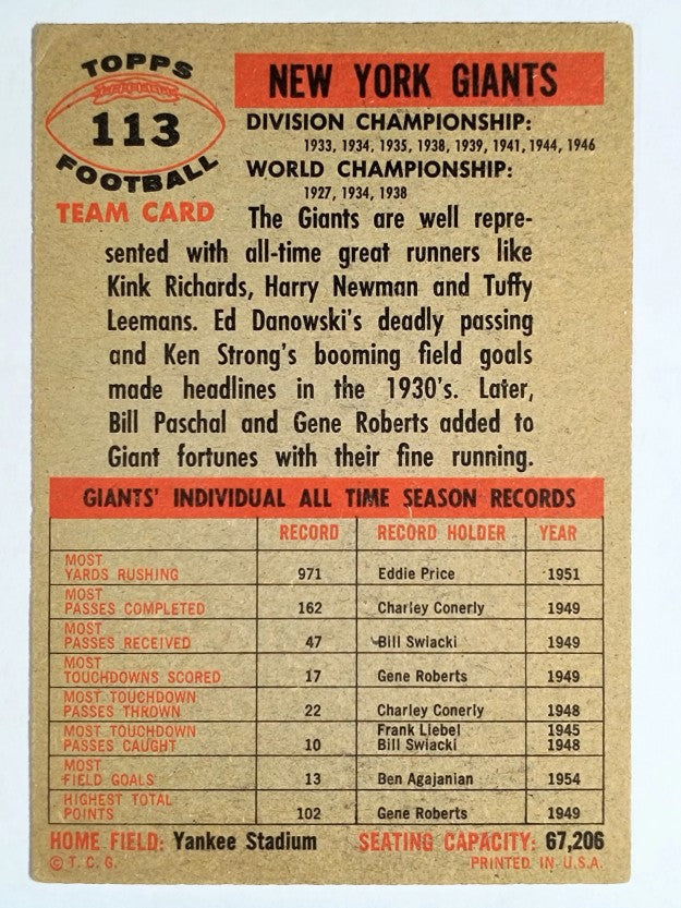 1956 Topps #113 New York Giants (VGEX)