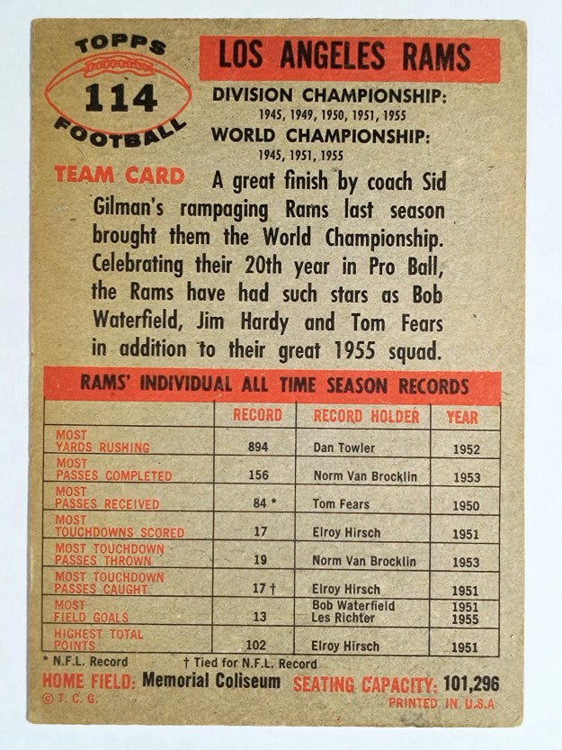 1956 Topps #114 Los Angeles Rams (VG)