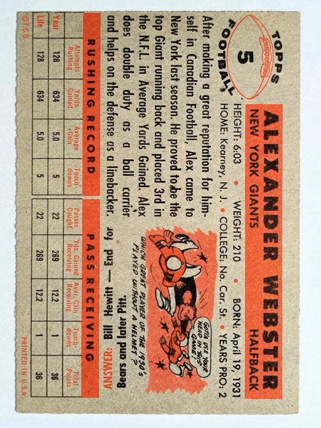 1956 Topps #5 Alex Webster RC (EX)