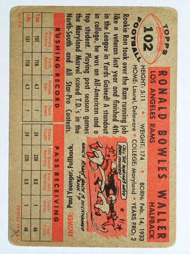 1956 Topps #102 Ron Waller RC (VG)