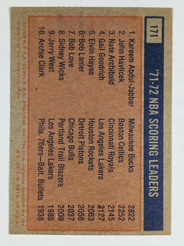 1972-73 Topps #171 Kareem Abdul-Jabbar/John Havlicek/Nate Archibald LL (EXMT)