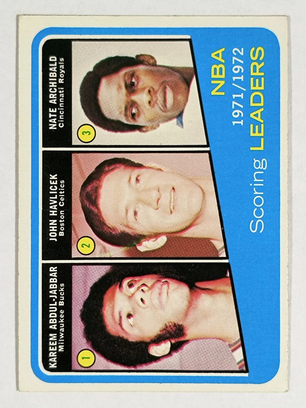 1972-73 Topps #171 Kareem Abdul-Jabbar/John Havlicek/Nate Archibald LL (EXMT)