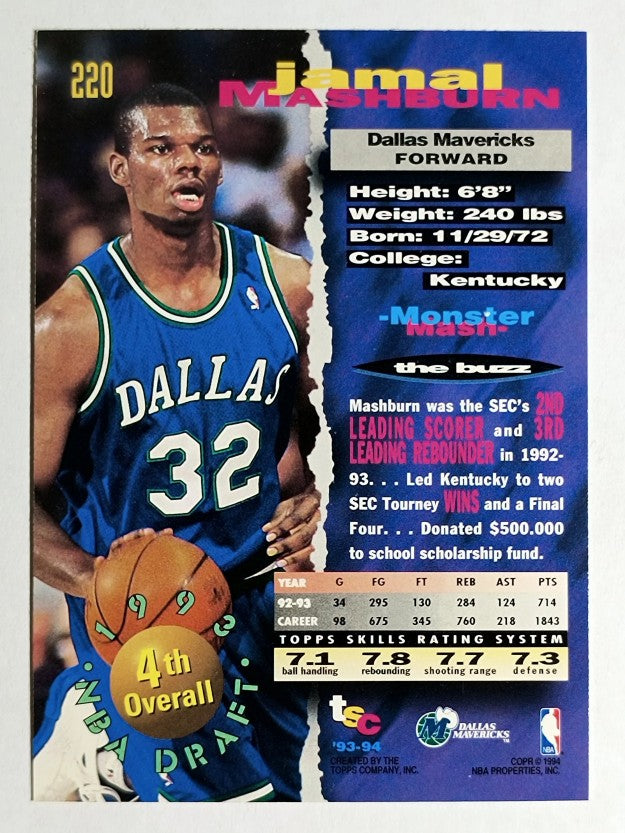 1993-94 Stadium Club #220 Jamal Mashburn RC